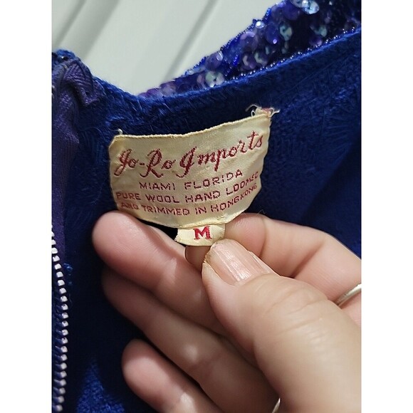 Idell Imports blue fringed beaded sequined cocktail top sleeveless wool Sz M Mod - Picture 8 of 12